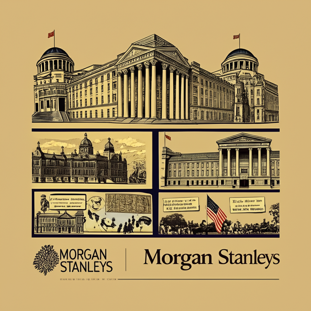 อินโฟกราฟิกแสดงเส้นทางของ Morgan Stanley จากประวัติศาสตร์สู่ผลกระทบระดับโลกในสไตล์ภาพประกอบ