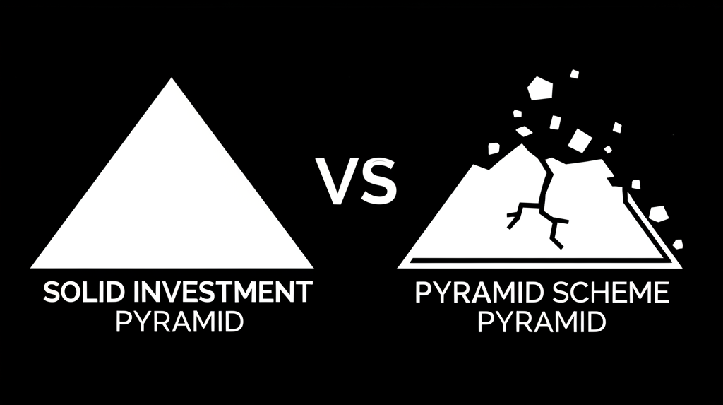 ภาพประกอบเปรียบเทียบพีระมิดการลงทุนที่มั่นคงกับแชร์ลูกโซ่ที่พังทลาย แสดงความแตกต่างชัดเจน
