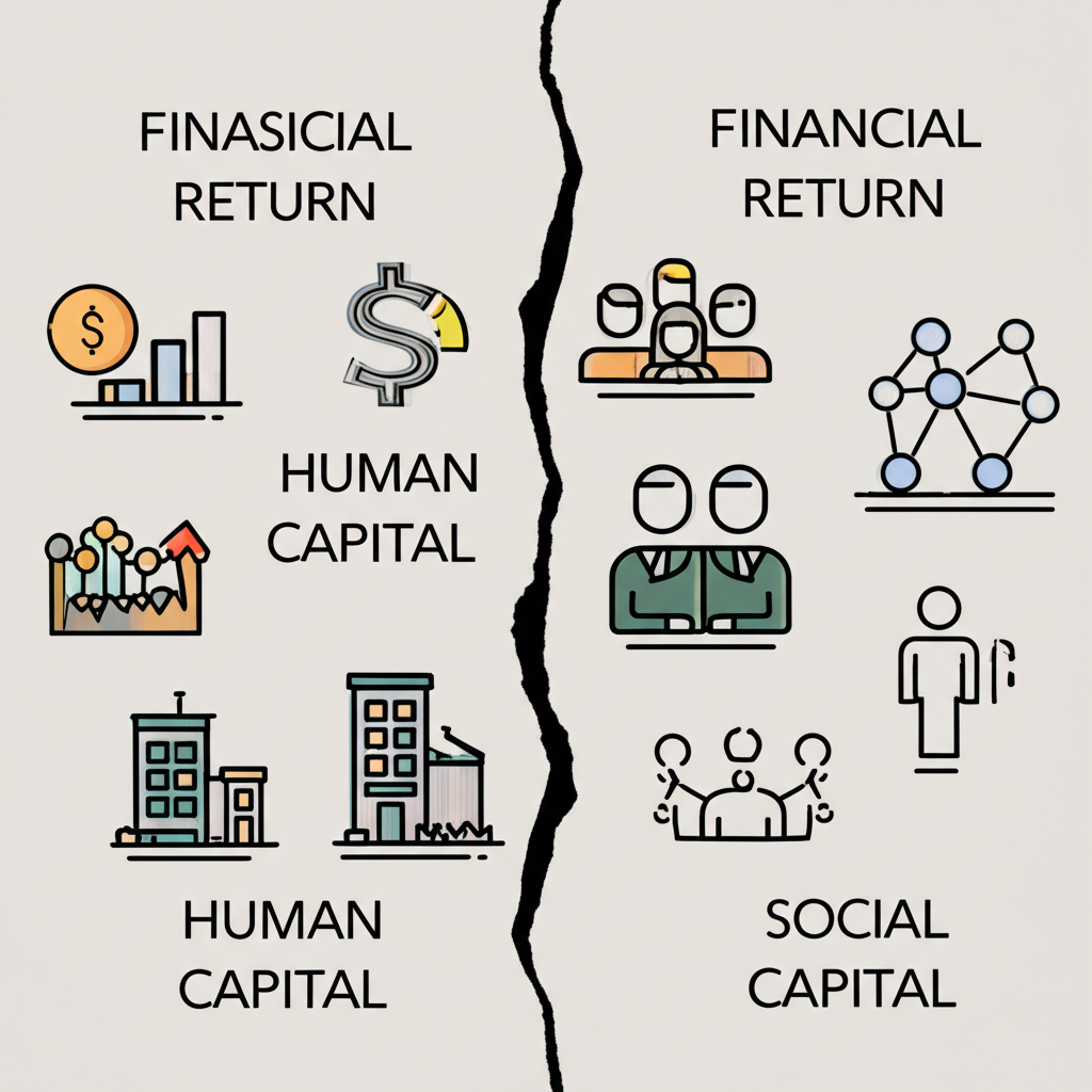 An illustration showing split concepts of financial return and various capital types physical human social