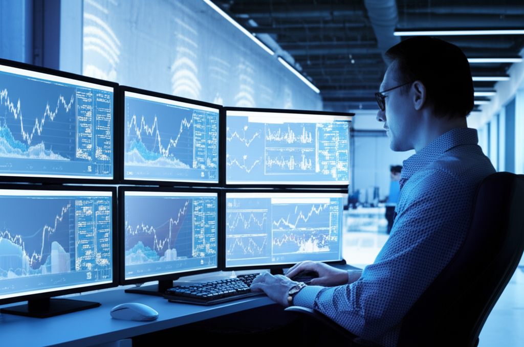 นักวิเคราะห์หลักทรัพย์ในออฟฟิศกำลังวิเคราะห์กราฟและข้อมูลการเงิน