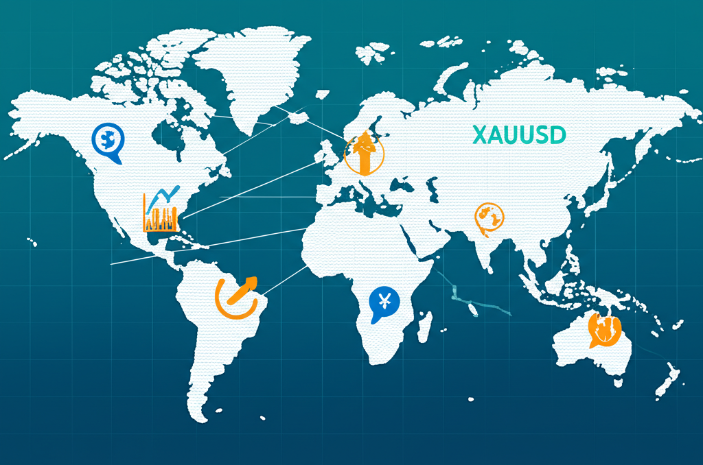 Illustration of a world map with economic data points and charts influencing XAUUSD movements