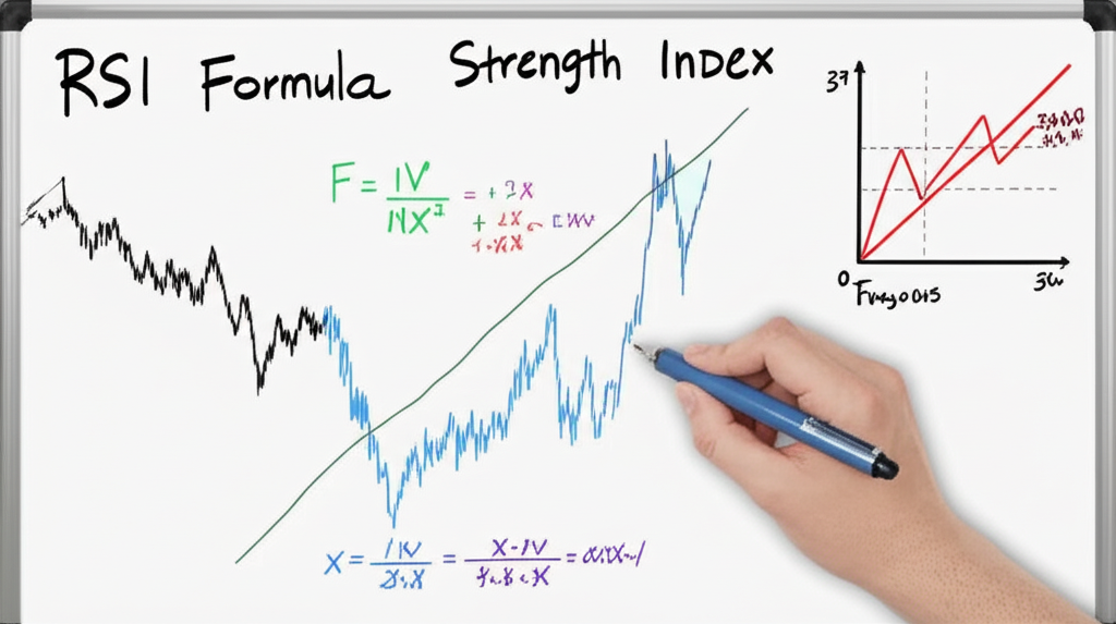 RSI formula calculation on a whiteboard with numbers and graphs a hand holding a pen illustration