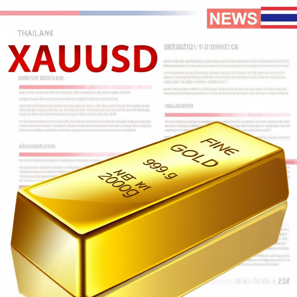Illustration of a gold bar with XAUUSD symbols and news headlines affecting its price in Thailand market