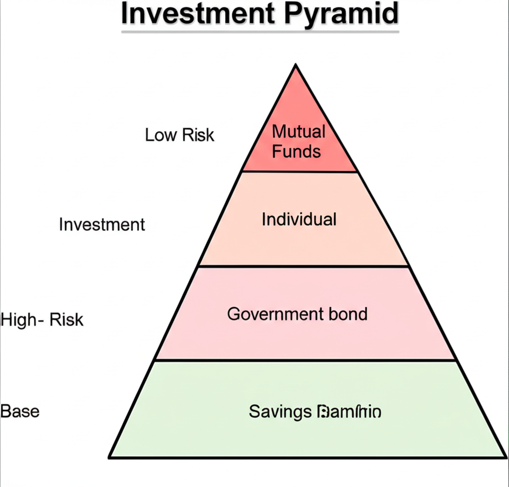 ภาพประกอบแสดงสามชั้นของพีระมิดการลงทุน จากฐานถึงยอดพร้อมสินทรัพย์ที่แตกต่าง