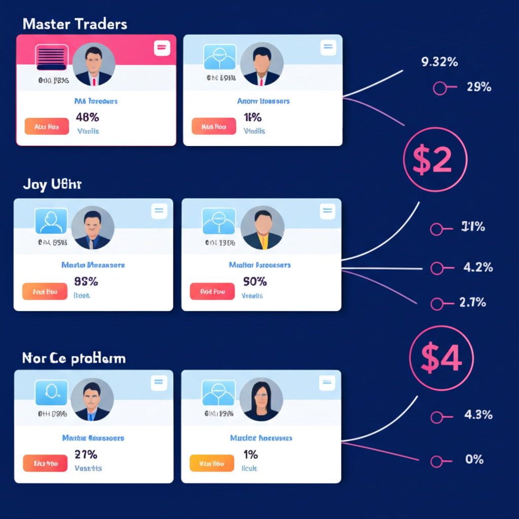 ภาพประกอบแพลตฟอร์มดิจิทัลแสดงโปรไฟล์เทรดเดอร์หลักและการเชื่อมต่อคัดลอกเทรดอัตโนมัติ