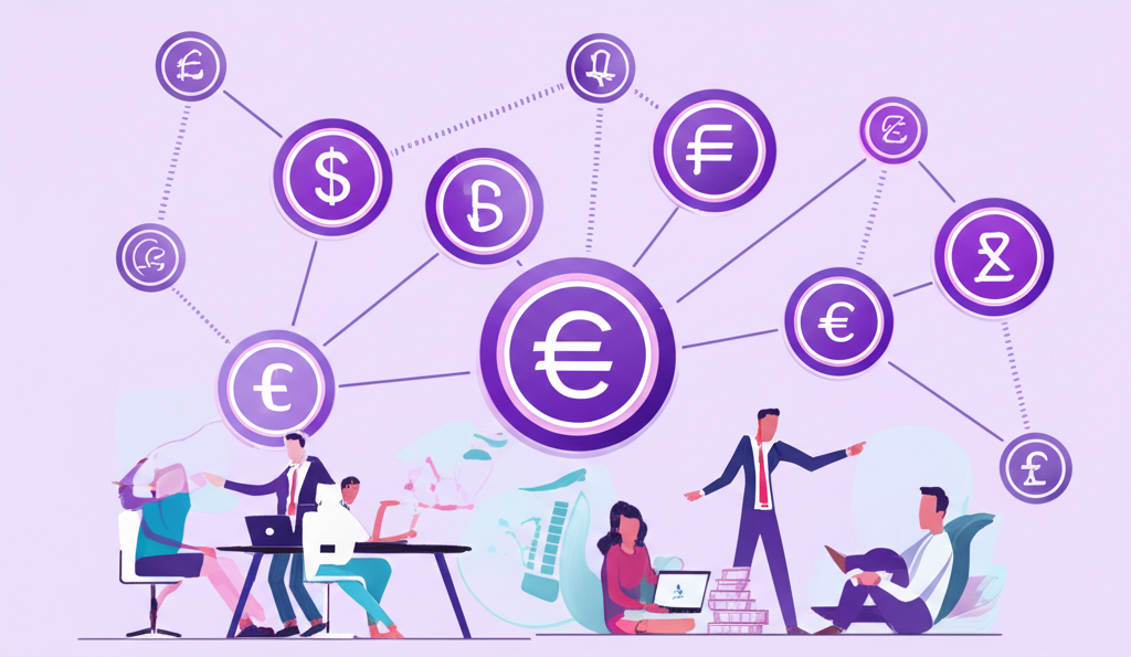 Illustration global economy with interconnected currencies and people learning about finance