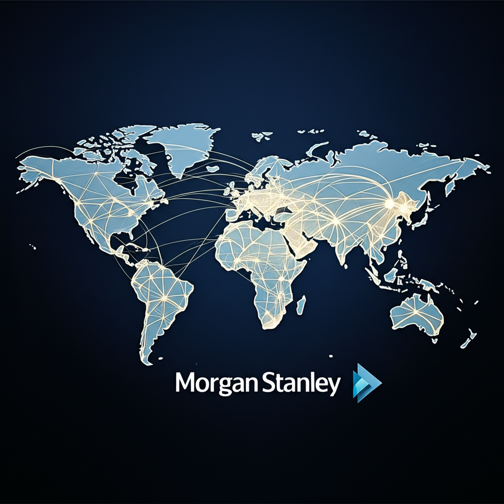 แผนที่โลกการเงินระดับโลกพร้อมโลโก้ Morgan Stanley ที่โดดเด่นในสไตล์ภาพประกอบ