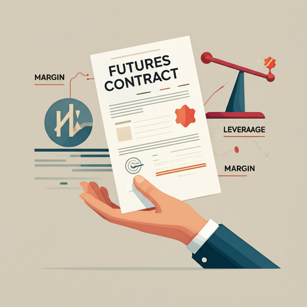 Illustration of a hand holding a futures contract document with abstract representations of margin and leverage concepts