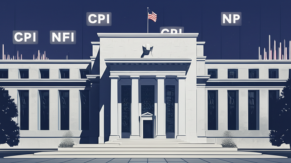 Illustration of the US Federal Reserve building with economic indicators like CPI and NFP charts