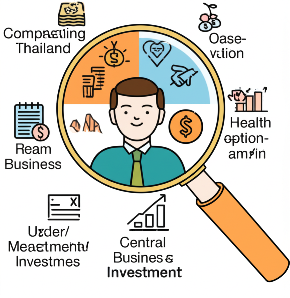 Illustration of people businesses and investment sectors affected by central bank decisions with a magnifying glass on Thailand