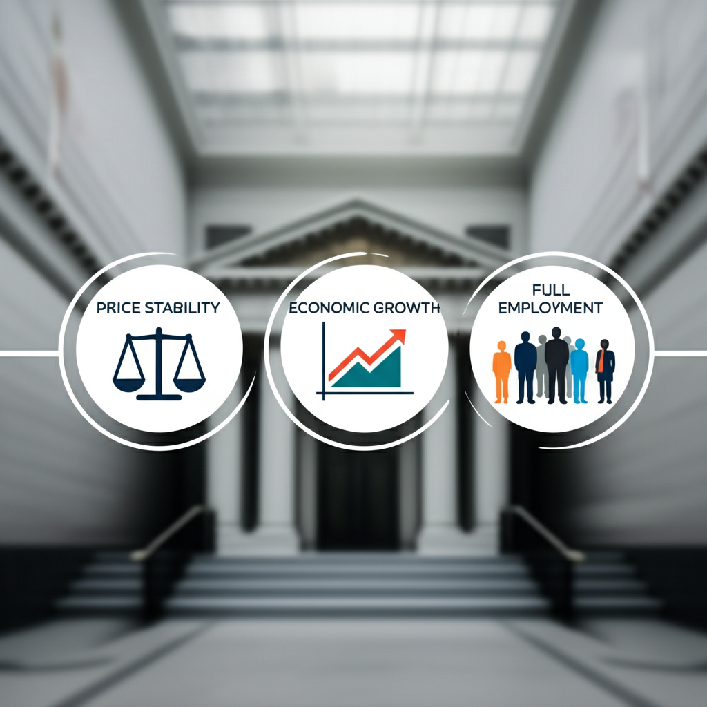 Three icons price stability economic growth full employment central bank background illustration style
