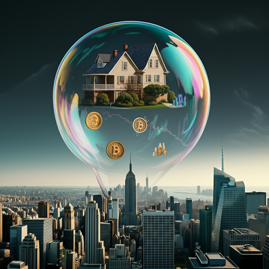 ภาพประกอบฟองสบู่เศรษฐกิจที่กำลังแตก ภายในมีสินทรัพย์ต่างๆ เช่น บ้าน หุ้น และคริปโต