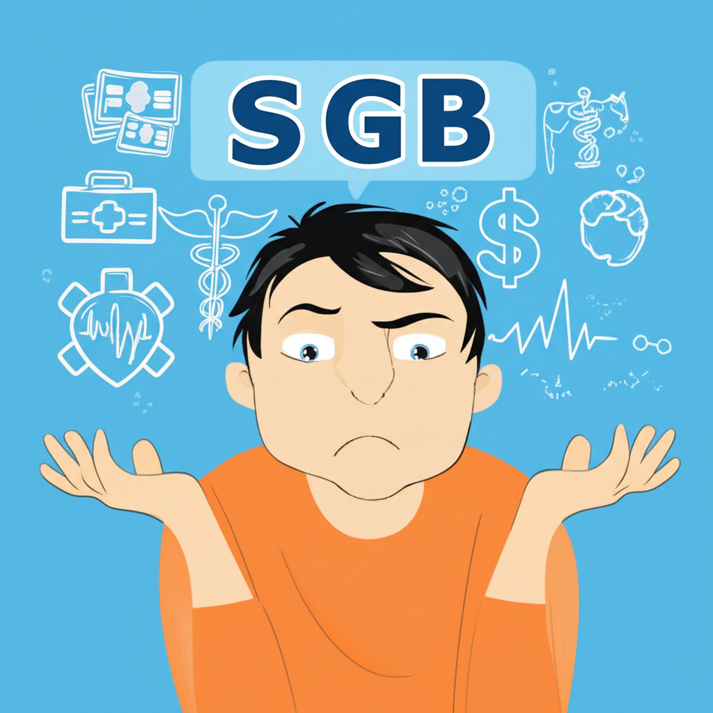 ภาพคนสับสนกับความหมายของ SGB บนหน้าจอพร้อมสัญลักษณ์การเงินและการแพทย์ที่แสดงถึงความหลากหลาย