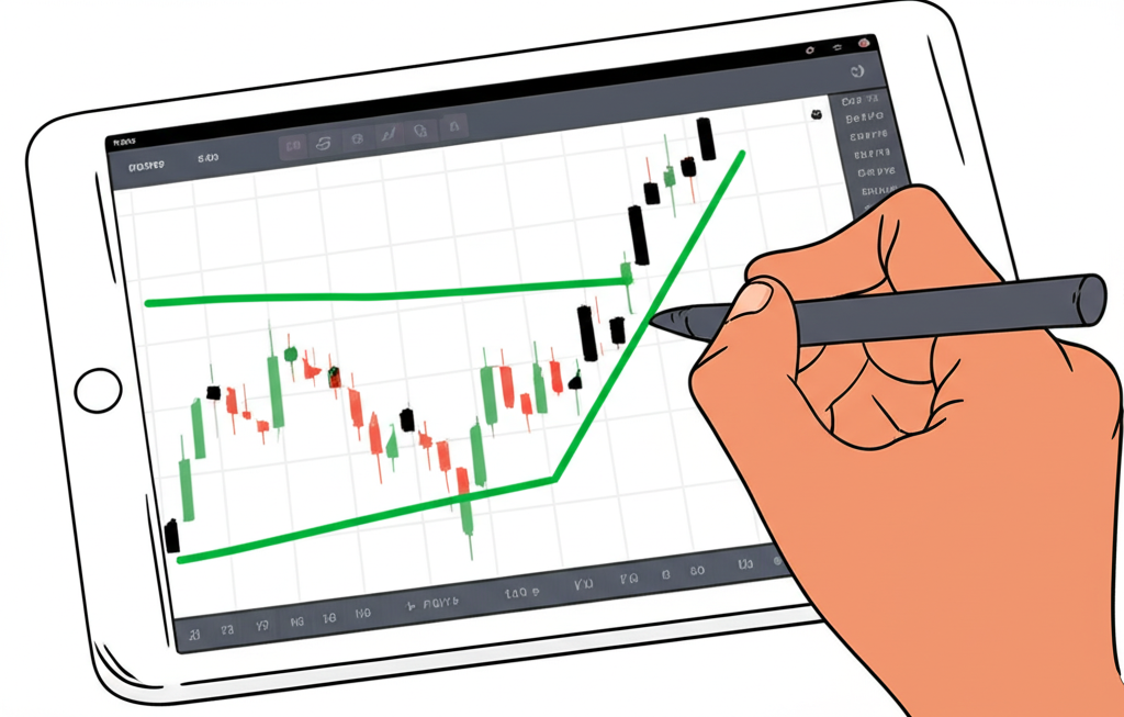 มือวาดเส้นแนวโน้มเพื่อระบุ Falling Wedge Pattern บนกราฟในกรอบเวลาต่างๆ