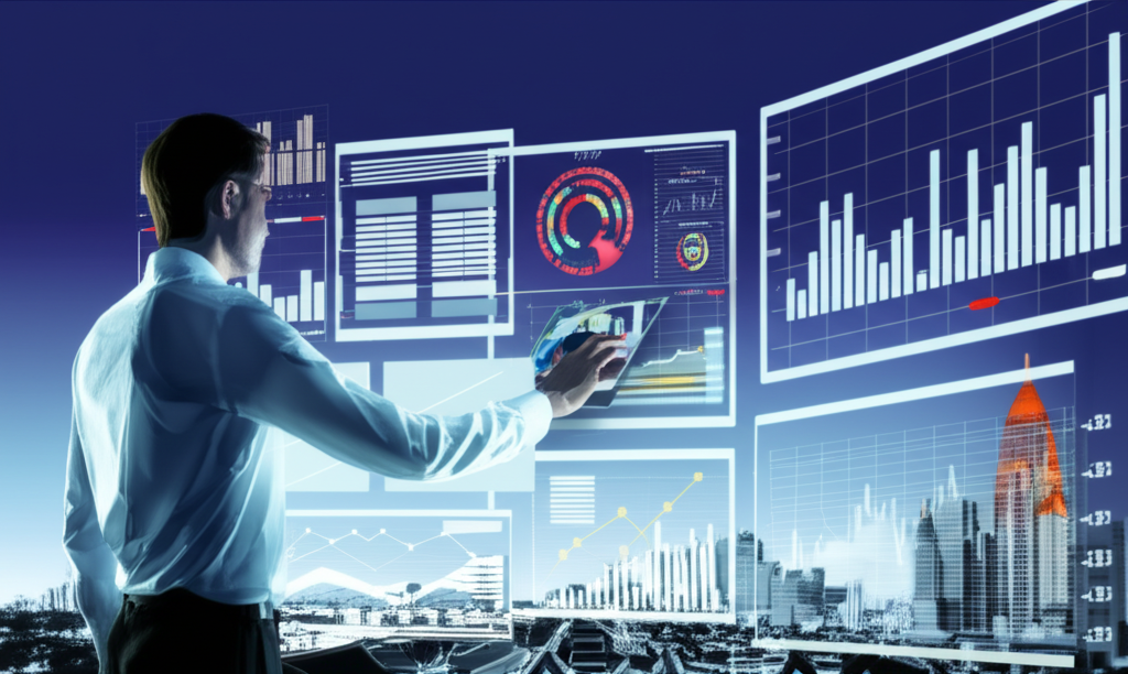 Financial analyst in Thailand analyzing data on screens with Thai city background, future career concept