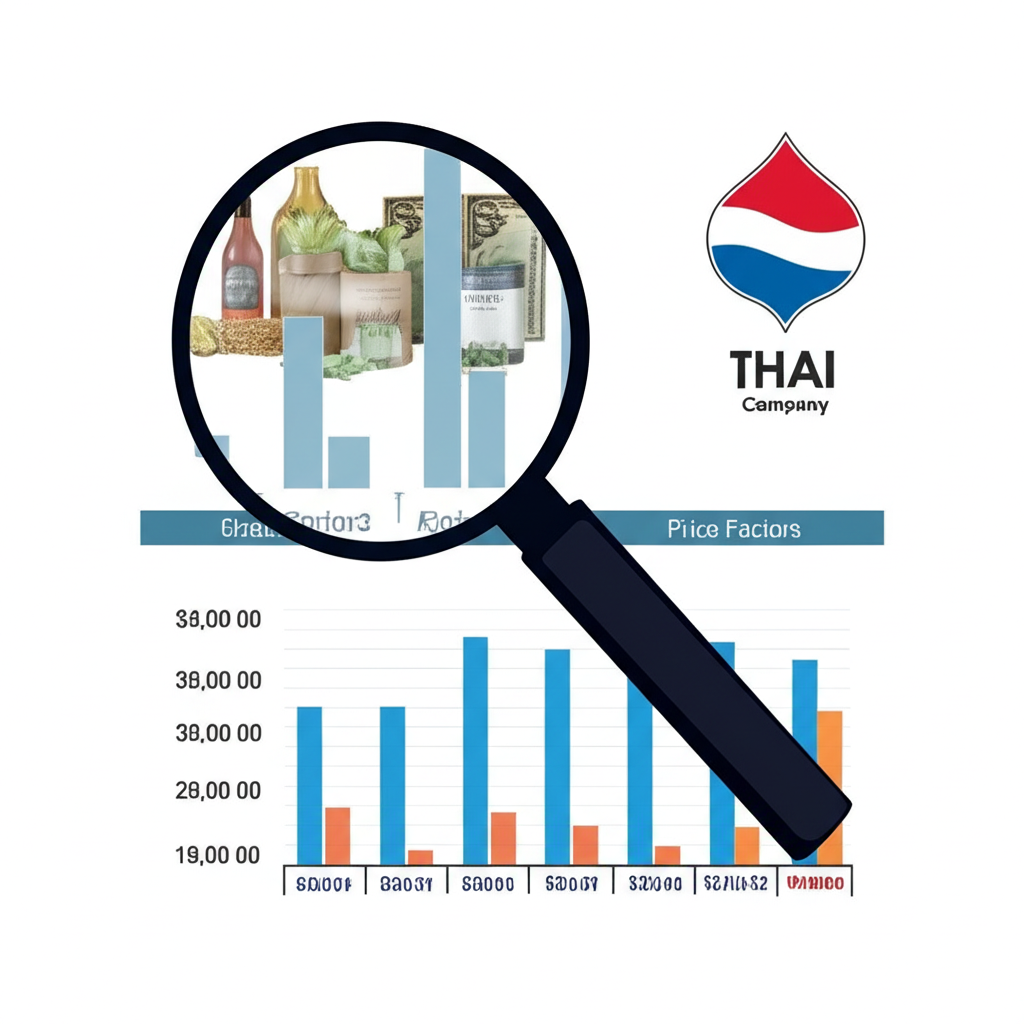 illustration of a magnifying glass examining commodities a chart showing price factors and a thai company logo