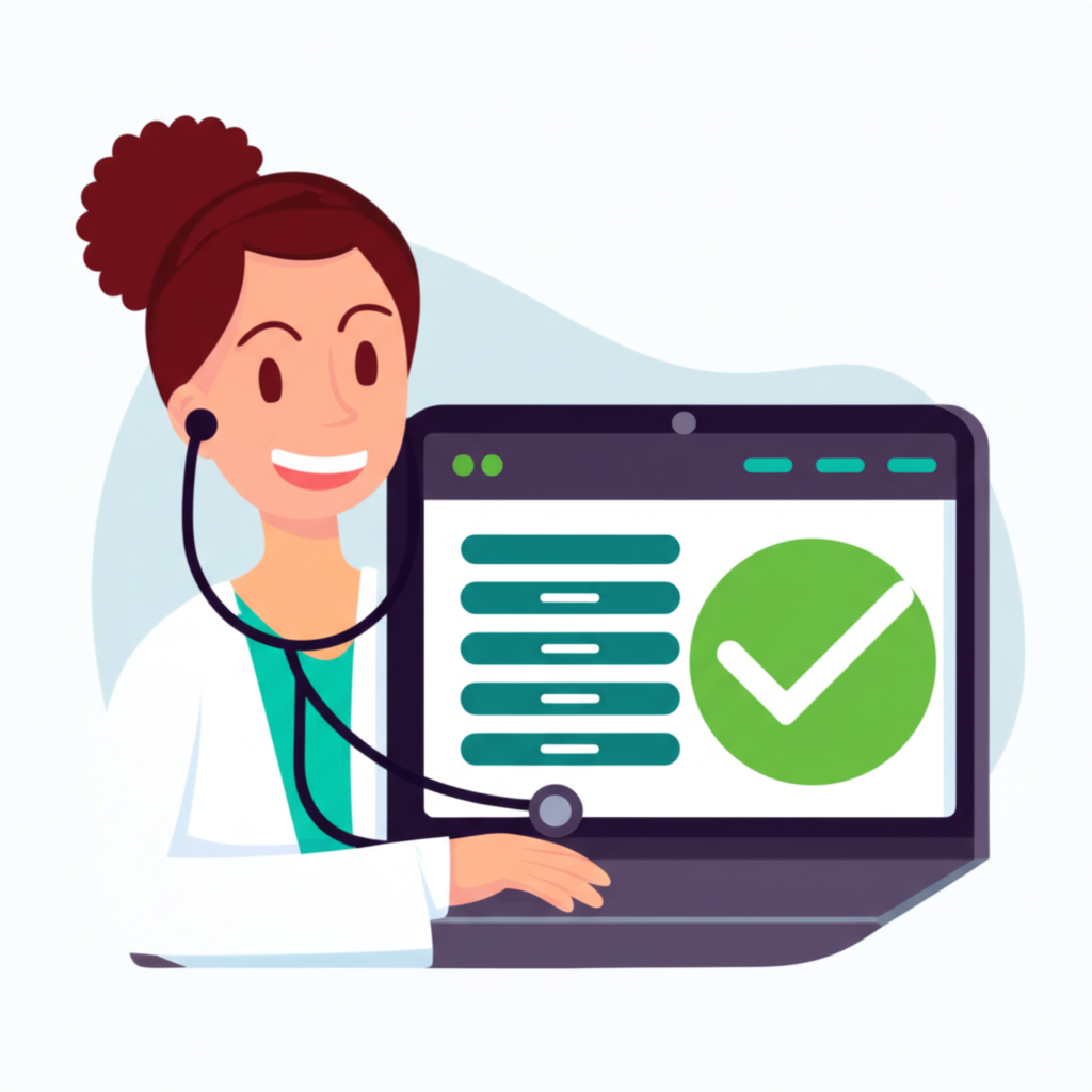 A doctor checking a website with a stethoscope representing website health and trustworthiness illustration