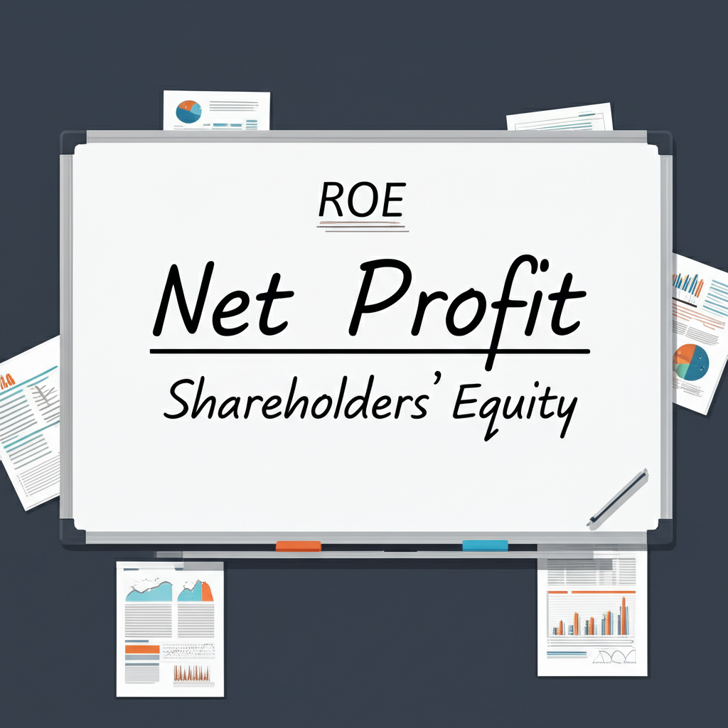 An illustration of a whiteboard showing ROE formula Net Profit divided by Shareholders Equity with financial documents