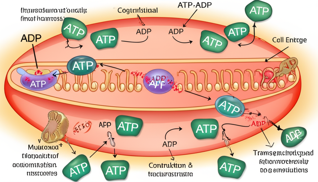 ภาพประกอบวงจร ATP-ADP ภายในเซลล์ที่มีไมโทคอนเดรียสร้าง ATP และ ATP ขับเคลื่อนกิจกรรมเซลล์