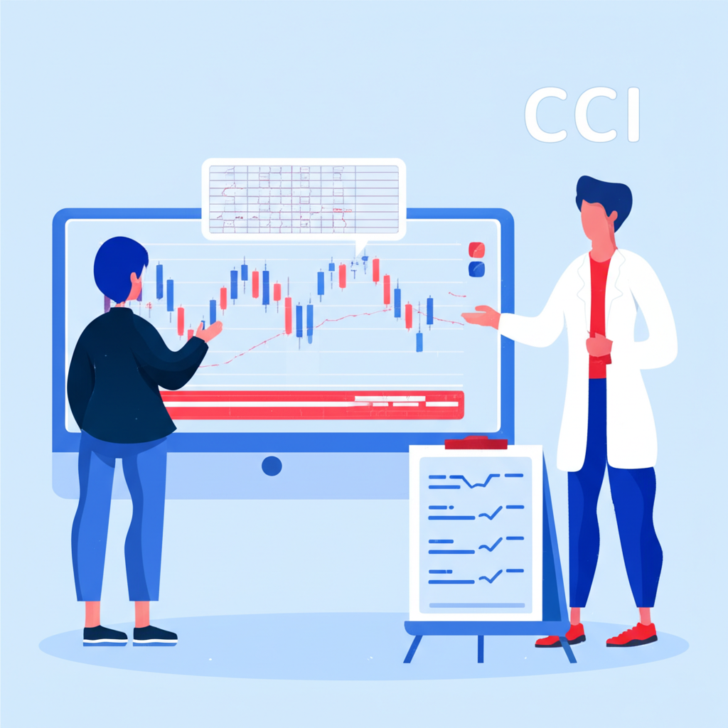 Illustration of a trader analyzing stock charts with CCI lines and a doctor with a medical chart highlighting the dual meaning of CCI
