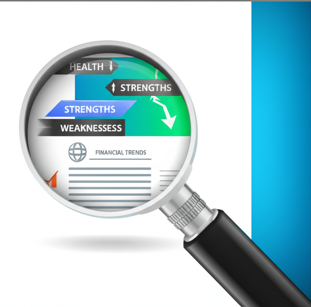 illustration of a magnifying glass over a business showing health strengths weaknesses and financial trends