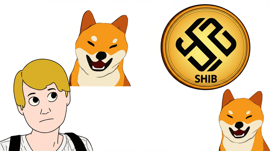 ภาพประกอบคนกำลังสับสนกับสุนัขชิบะอินุและสัญลักษณ์เหรียญคริปโต SHIB