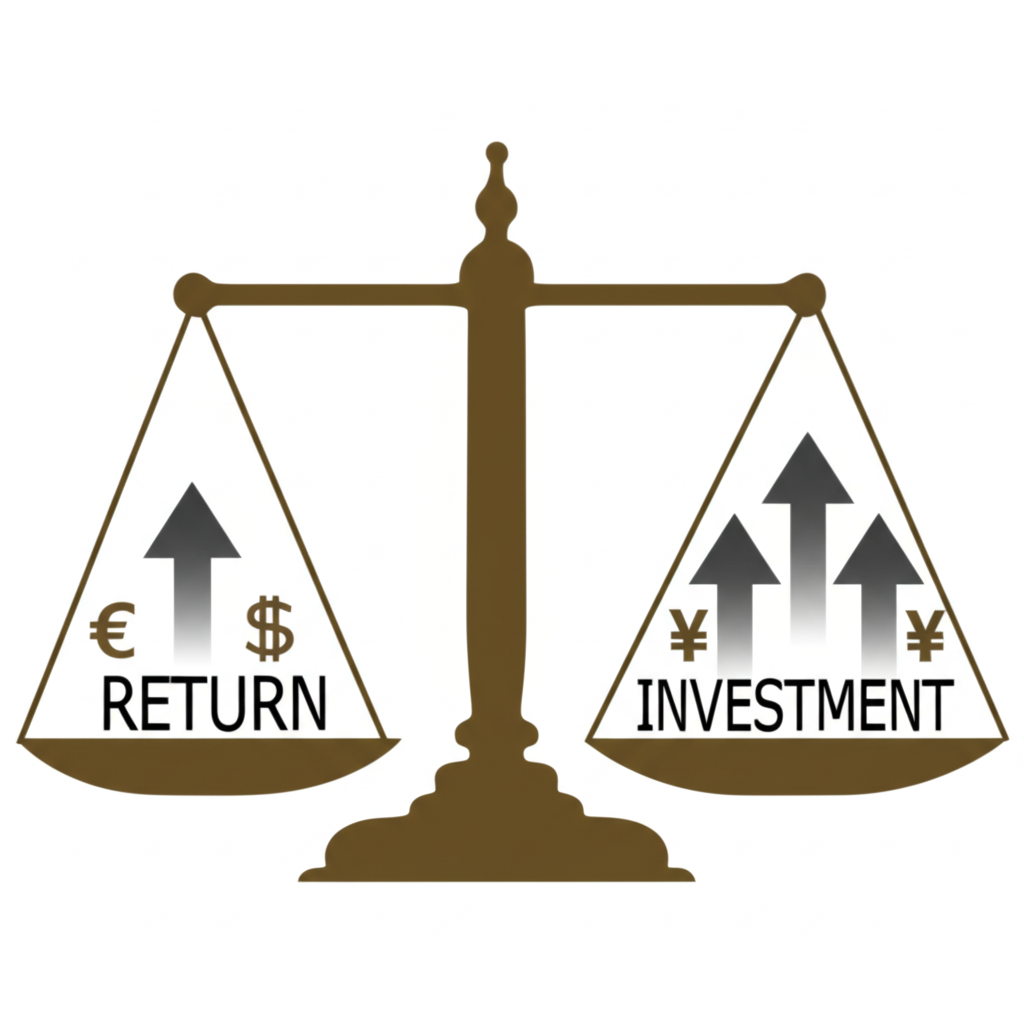 Balance scale representing ROI with returns and investments