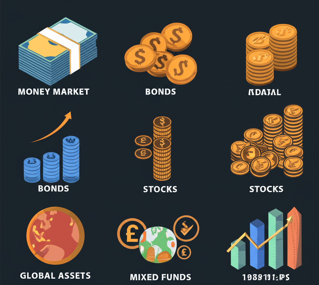 Visualizing various investment assets money market bonds stocks mixed funds global assets illustration