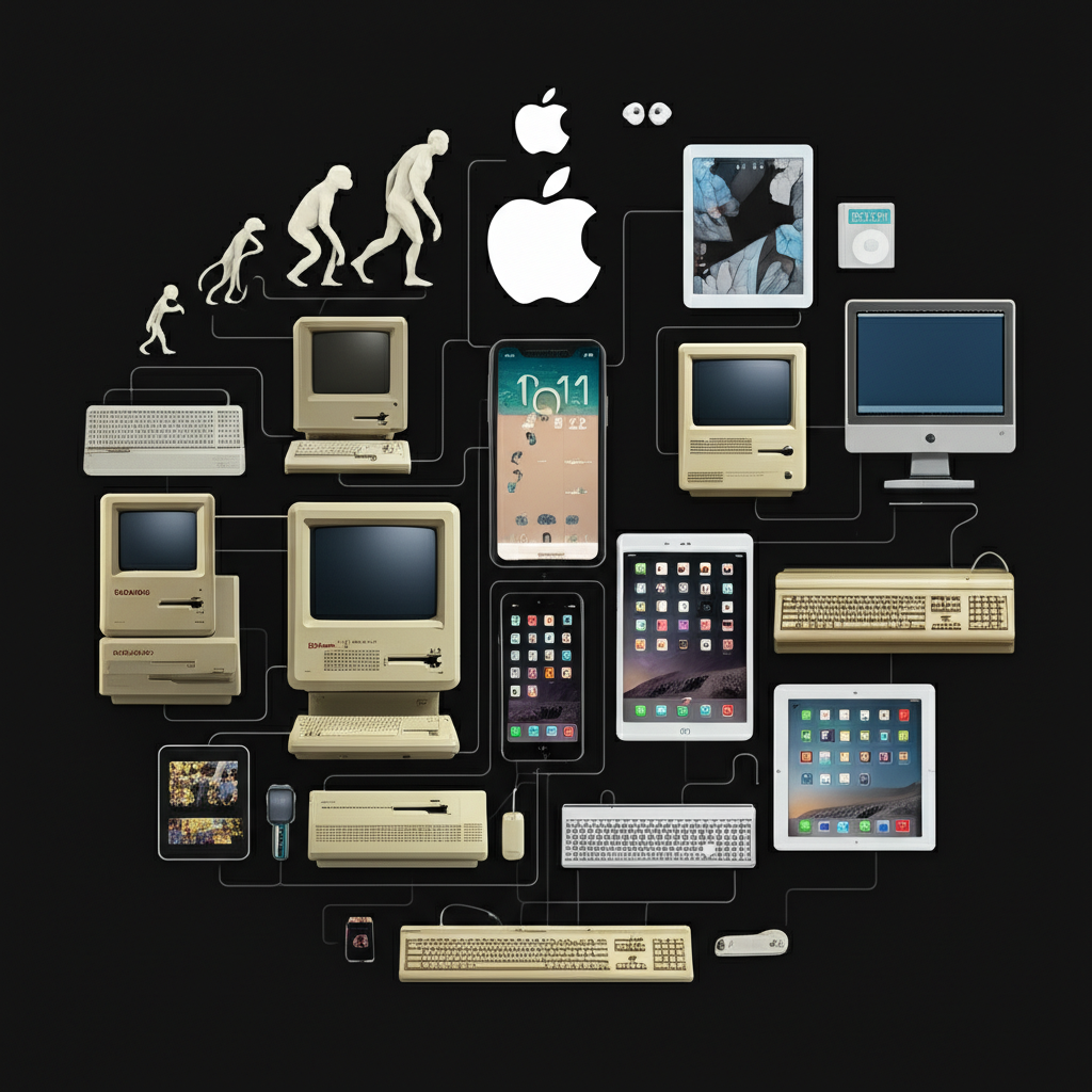 Illustration of Apple evolution from early computers to iPhone as digital ecosystem hub with other products