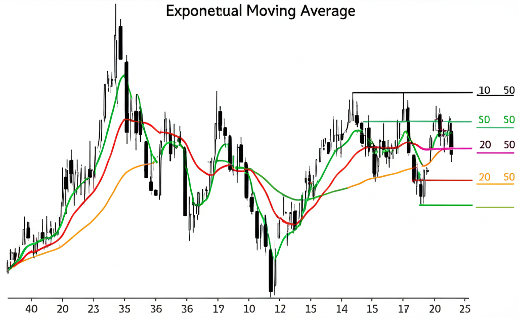 Series of EMA lines 10 50 200 representing short medium long term trends on a chart