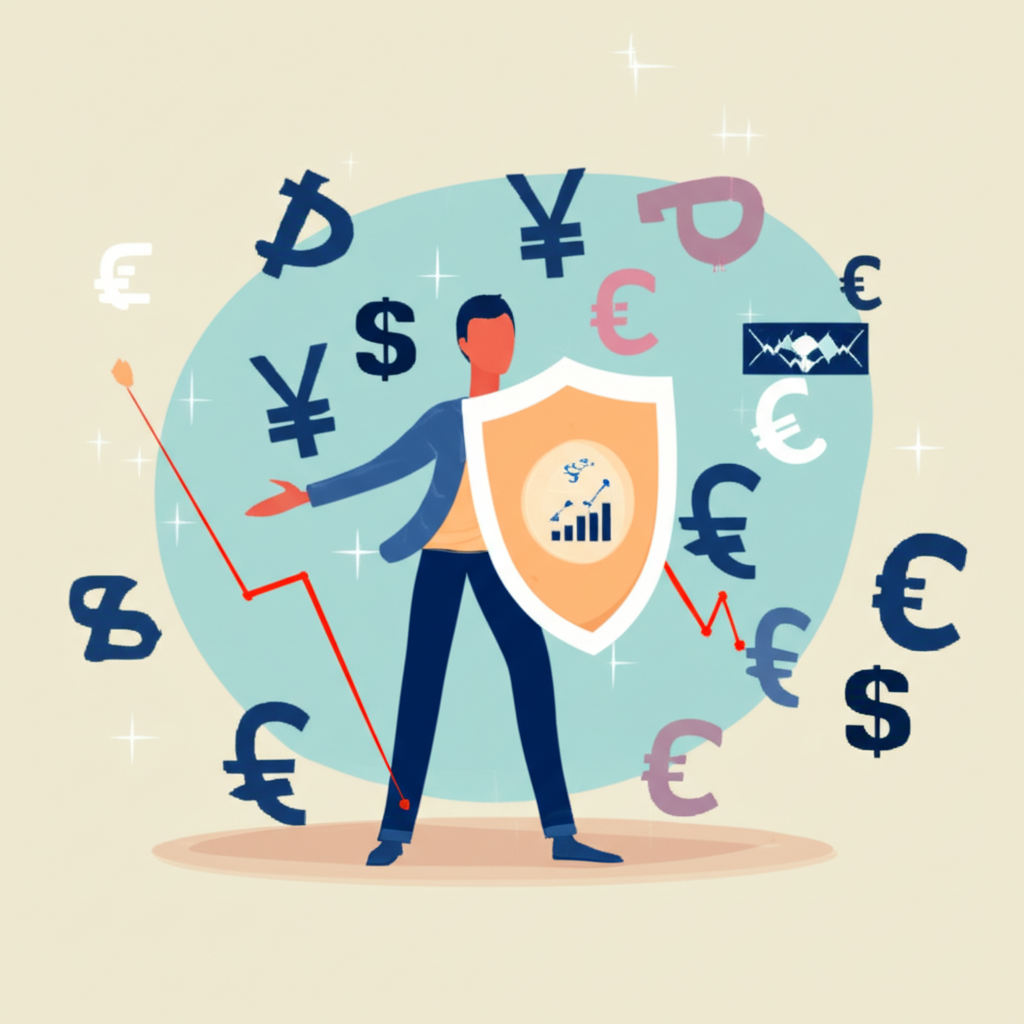 An illustration of a person smartly navigating a volatile Forex market with a shield representing hedging