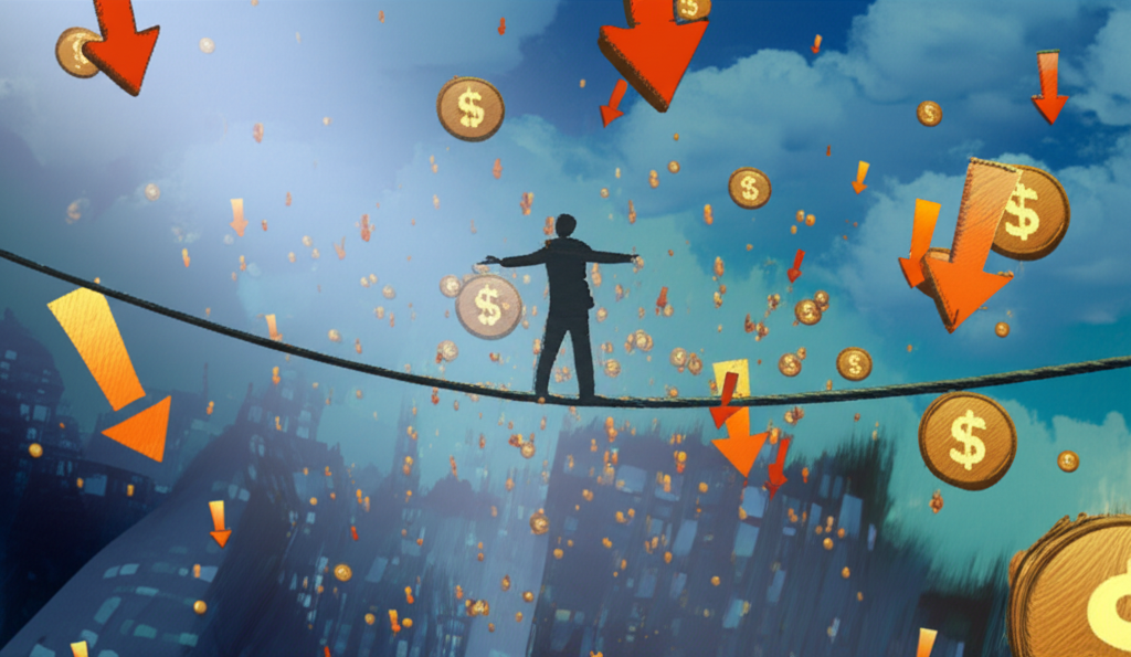 Illustration of a person balancing on a tightrope over volatile financial markets with risk symbols floating around