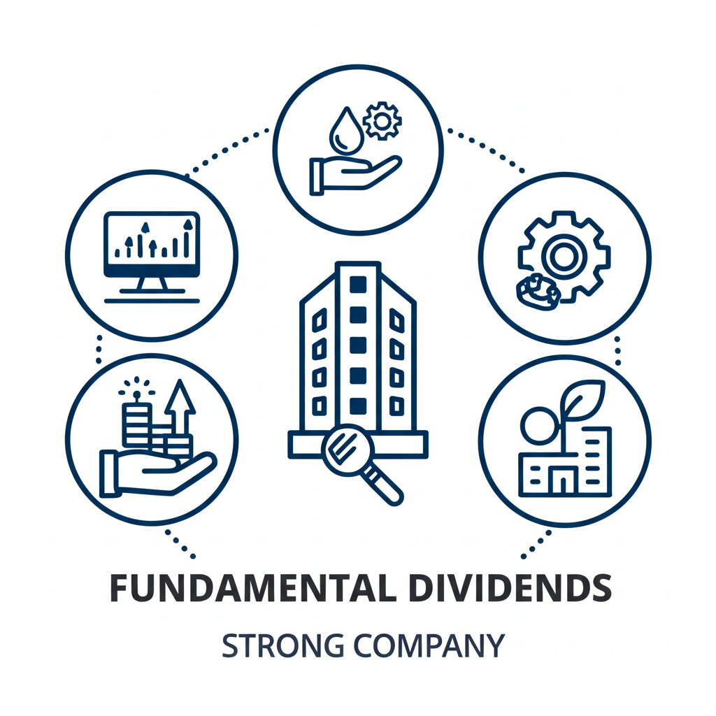 Icons illustrating fundamental analysis, growth, dividends, management, and ESG factors surrounding a strong company structure