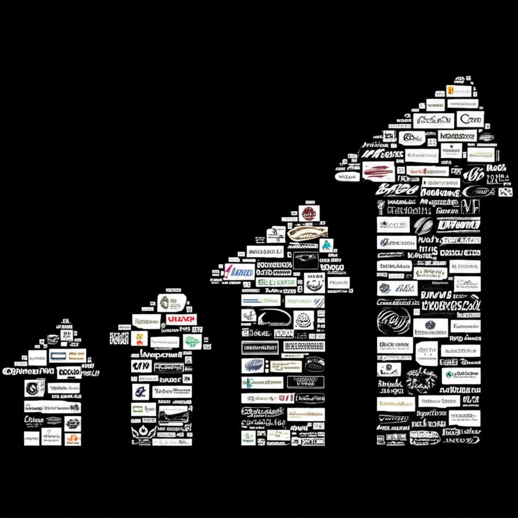 illustration of 500 diverse company logos forming a rising graph representing market capitalization