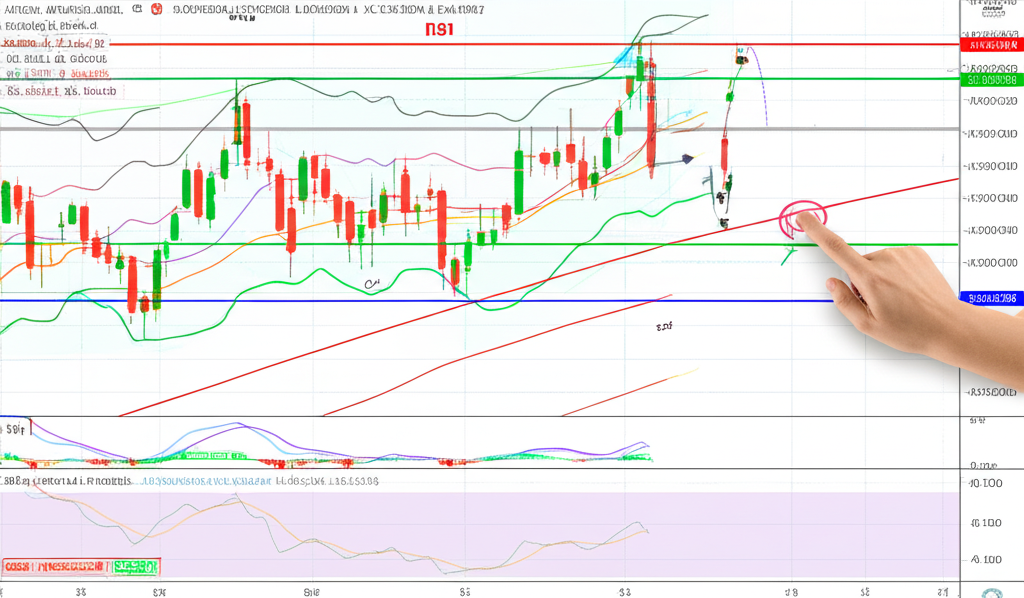 กราฟแท่งเทียนสำหรับ USD/JPY พร้อมตัวชี้วัดทางเทคนิค เช่น Moving Averages, RSI, MACD และ Bollinger Bands มือชี้ไปที่เส้นแนวรับและแนวต้าน
