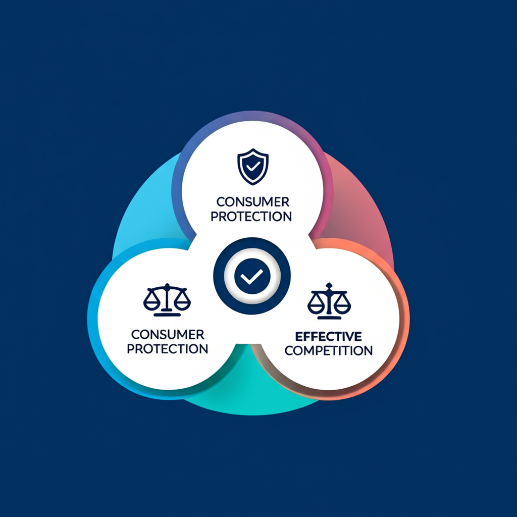 Illustration with three interconnected icons representing consumer protection market integrity and effective competition in finance