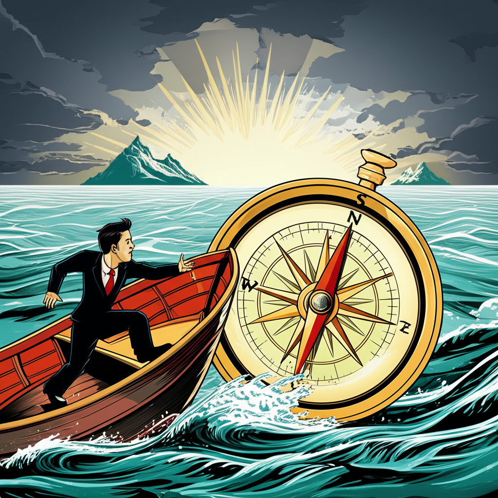 Illustration of an investor navigating the stock market ocean with a compass to find the best stocks aligned with financial goals