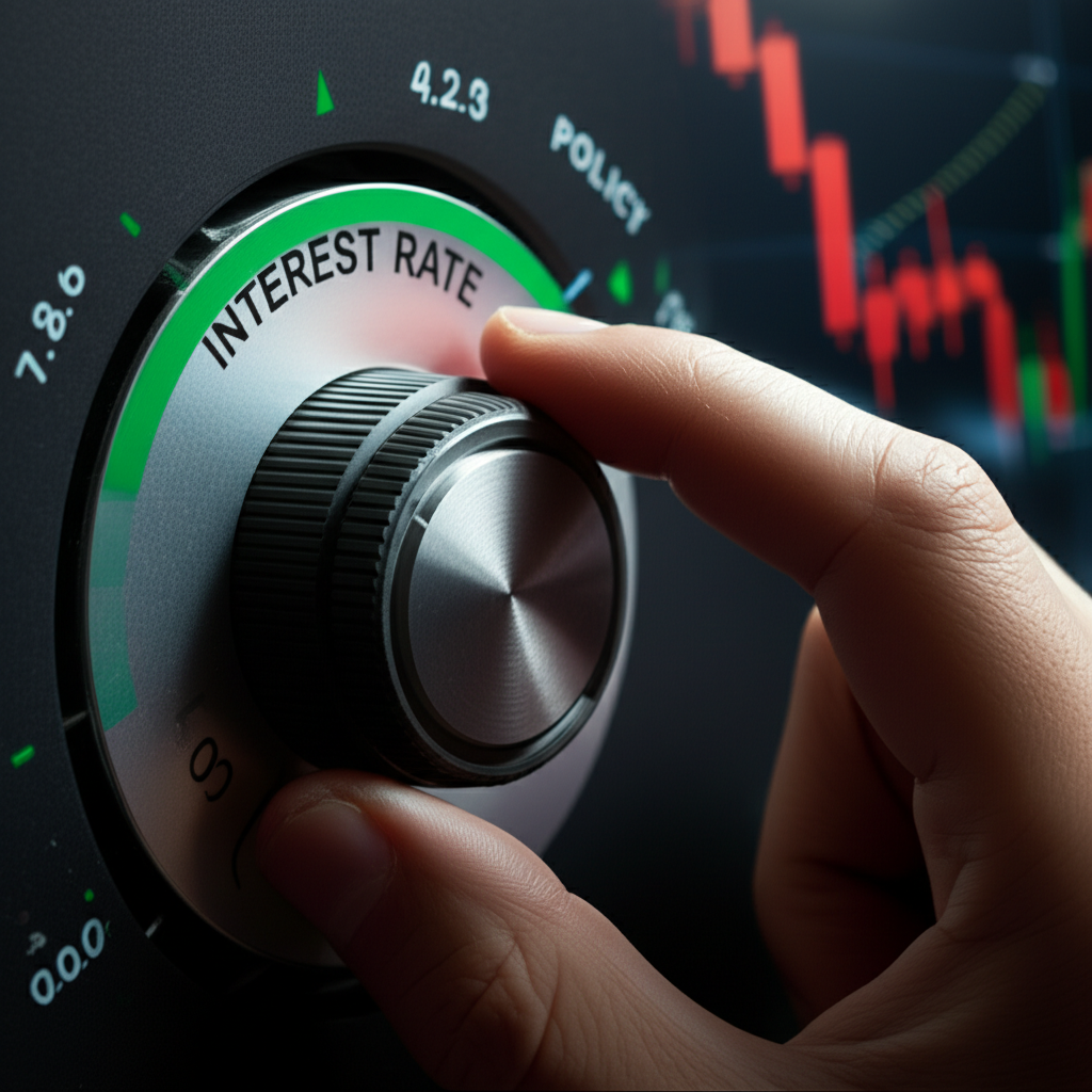illustration of a hand adjusting a dial labeled interest rate with financial markets reacting showing policy signaling