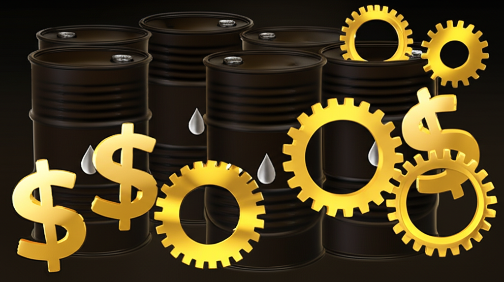 ภาพประกอบถังน้ำมันดิบ WTI และสัญญาซื้อขายล่วงหน้าพร้อมเฟืองและสัญลักษณ์เงิน