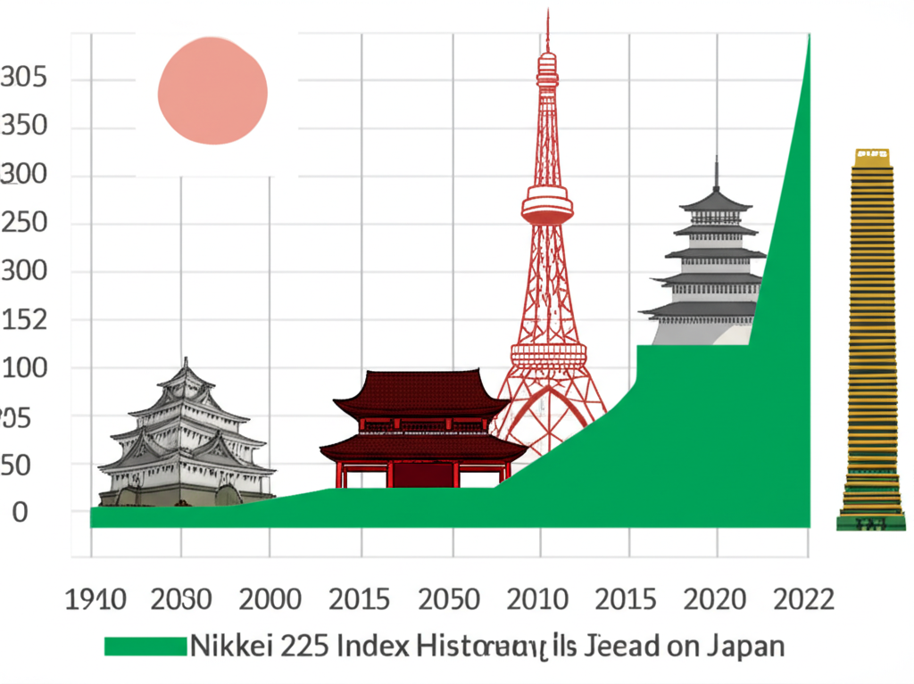 ภาพประกอบวิวัฒนาการของแผนภูมิ ดัชนีนิกเคอิ 225 ในช่วงหลายทศวรรษ พร้อมสถานที่สำคัญทางประวัติศาสตร์ของญี่ปุ่น