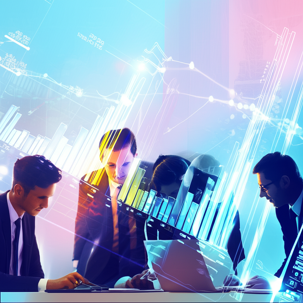 illustration of business people analyzing financial statements charts and data flowing in the background