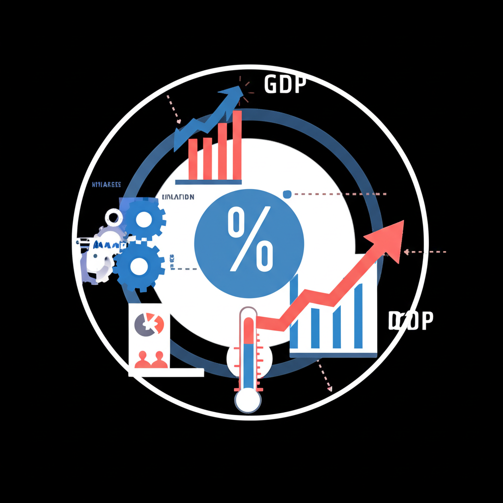 Illustration of key economic indicators like GDP, inflation, interest rates, and trend analysis charts