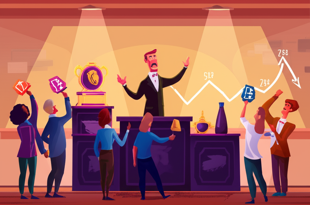 Illustration showing the concept of price increasing during an auction with buyers and sellers interacting