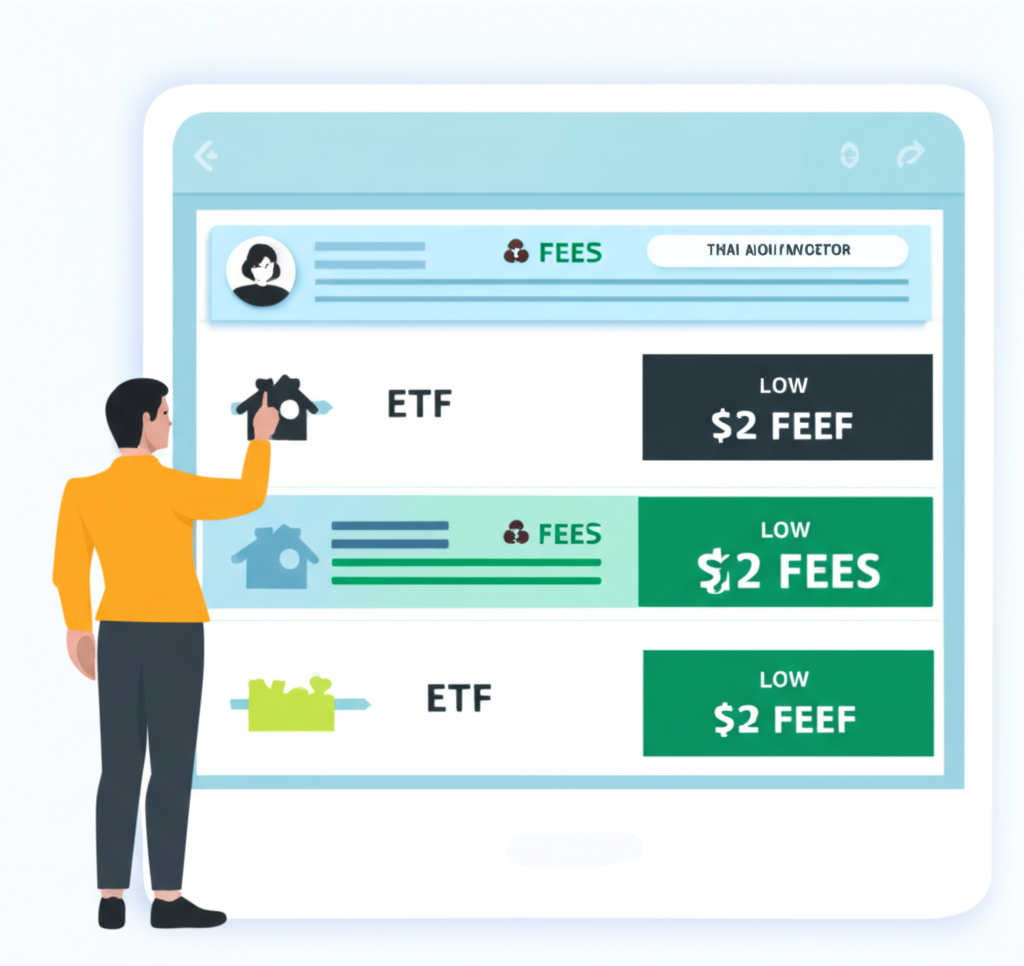 illustration a thai investor choosing between three different etf options on a screen with low fees highlighted