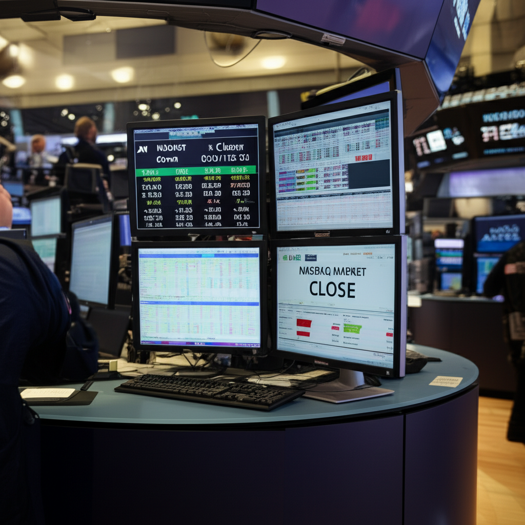 ภาพประกอบโต๊ะเทรดเดอร์พร้อมหน้าจอคอมพิวเตอร์แสดงเวลาการเปิด-ปิดตลาด NYSE และ NASDAQ