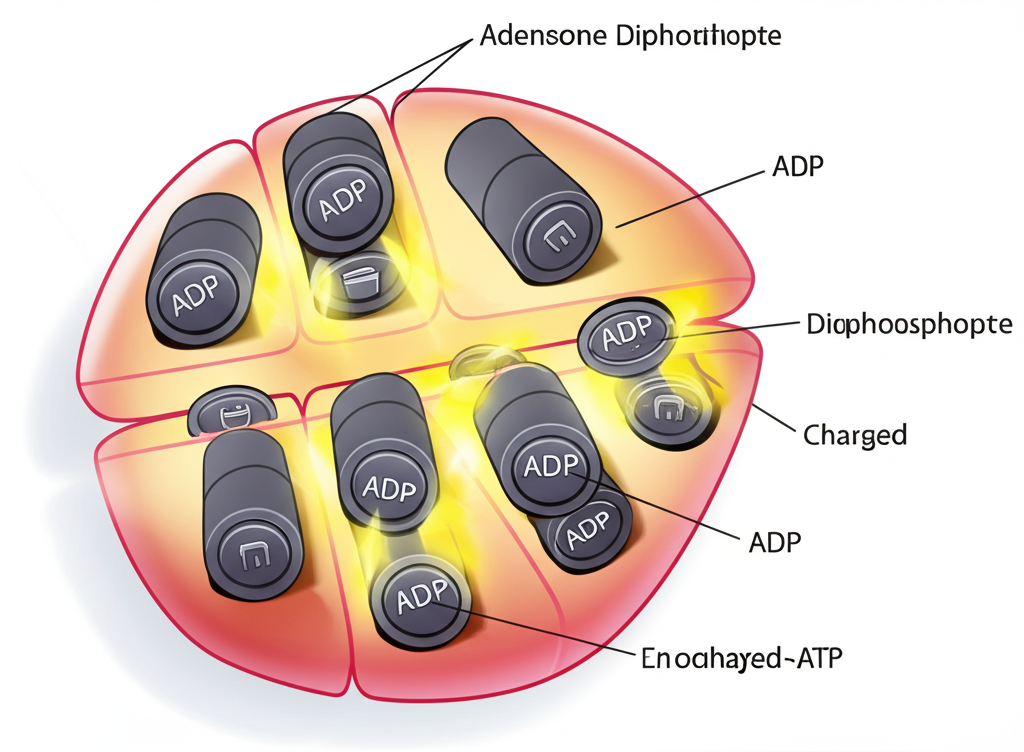ภาพประกอบเซลล์ที่มีโมเลกุล ADP เป็นแบตเตอรี่ที่ยังไม่ชาร์จ และ ATP เป็นแบตเตอรี่ที่ชาร์จแล้วส่องแสงด้วยการถ่ายเทพลังงาน