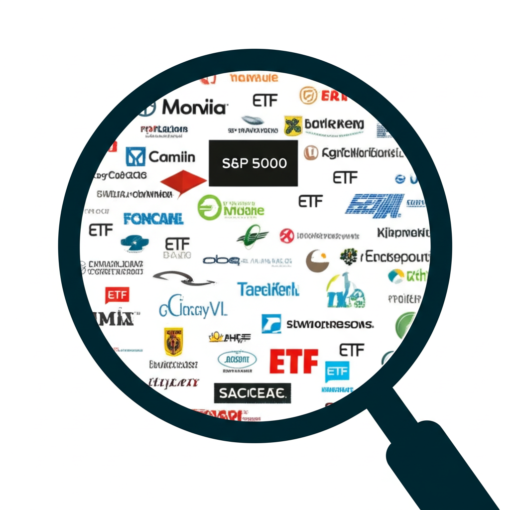 illustration a magnifying glass examining diverse company logos representing the sp500 index with etf symbols