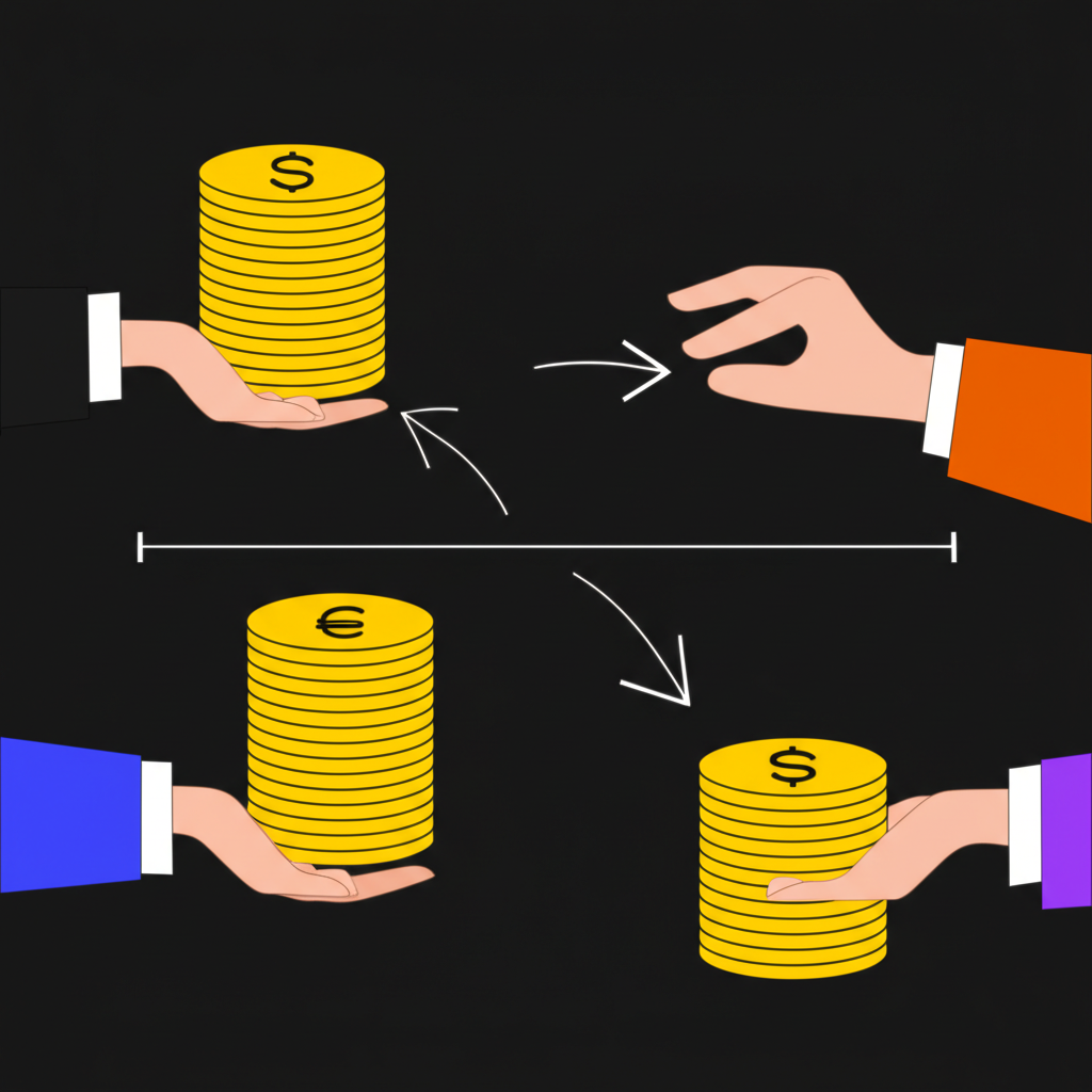 ภาพประกอบการแลกเปลี่ยนสกุลเงินต่างกันระหว่างบริษัทสองแห่งในจุดเริ่มต้น