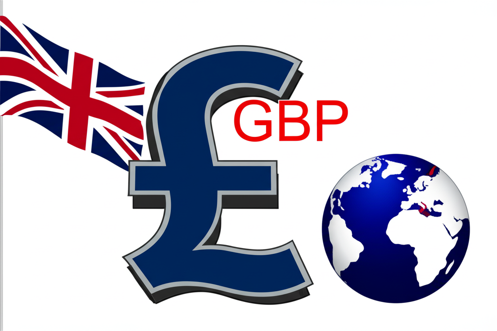 ภาพประกอบสัญลักษณ์ปอนด์สเตอร์ลิงขนาดใหญ่ รหัส GBP ธงชาติอังกฤษ และโลกแสดงอิทธิพลทางเศรษฐกิจทั่วโลก
