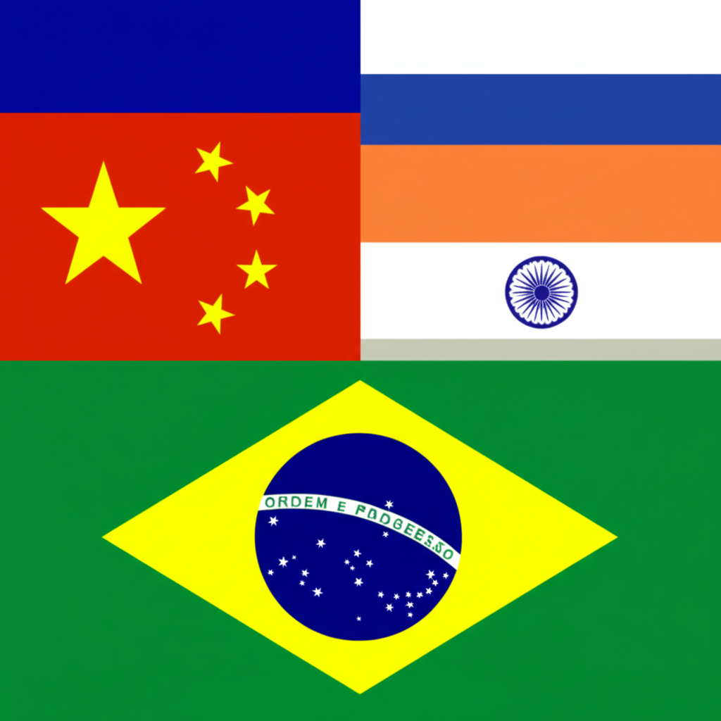 ภาพประกอบธงชาติบราซิล รัสเซีย อินเดีย จีน และแอฟริกาใต้ที่รวมตัวเป็นกลุ่มที่เป็นเอกภาพในสไตล์ภาพวาด